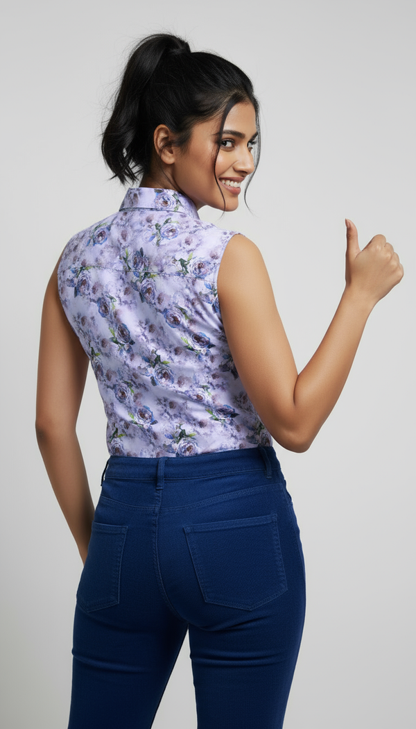 Woman wearing a sleeveless floral lavender top and blue jeans, giving a thumbs-up gesture on a plain background