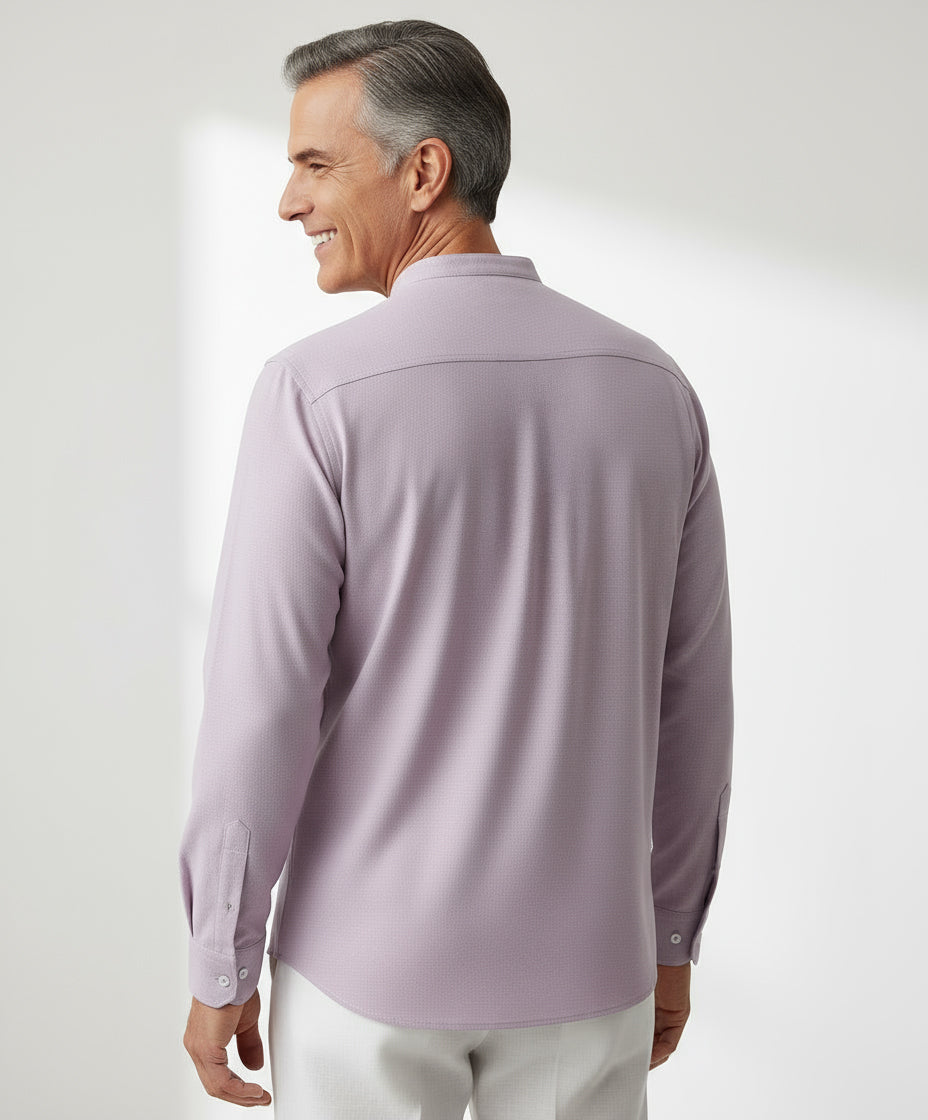 Man wearing Light beige long-sleeve shirt for men. Mandarin Collar.