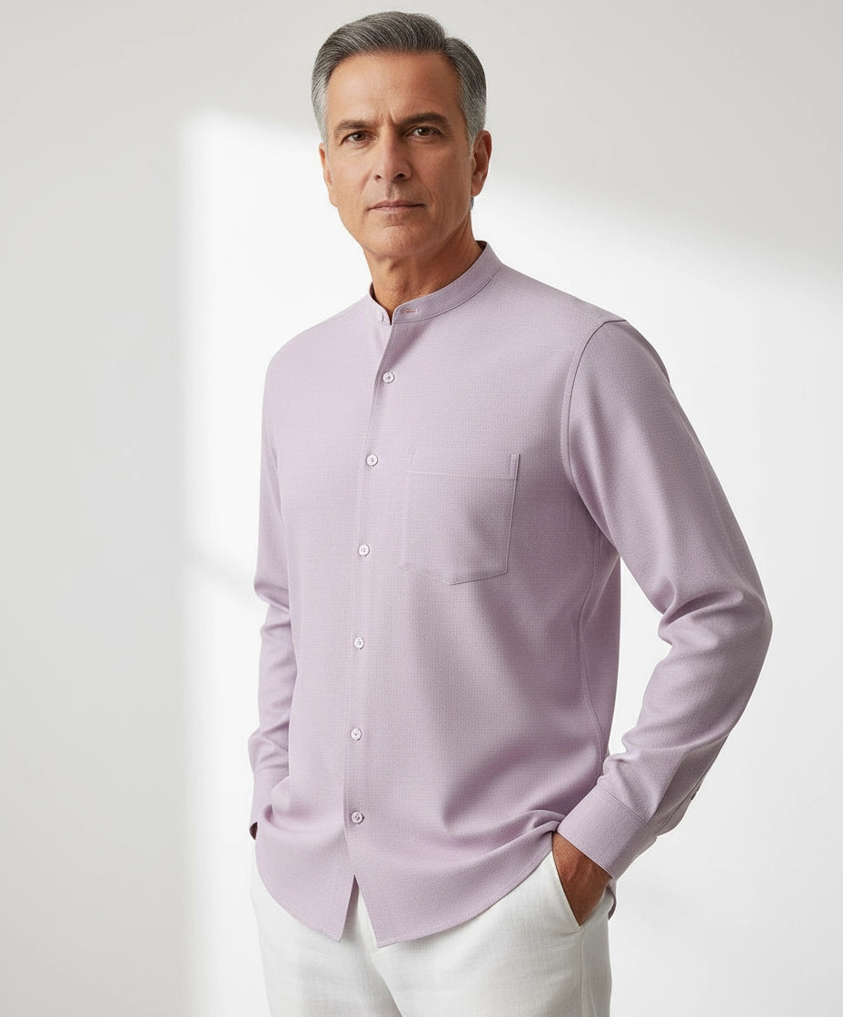 Man wearing Light beige long-sleeve shirt for men. Mandarin Collar.