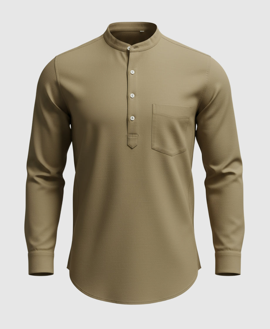  beige, Khaki, light brown long-sleeve shirt for men. Mandarin Collar.