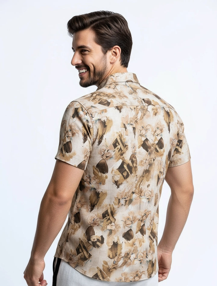 Man wearing a Short-sleeve shirt with brown abstract pattern 