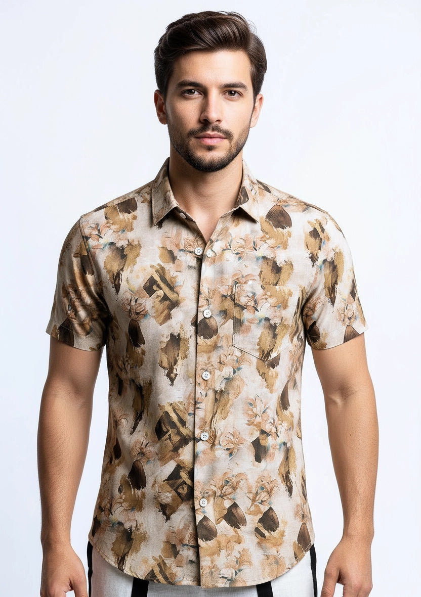 Man wearing a Short-sleeve shirt with brown abstract pattern 