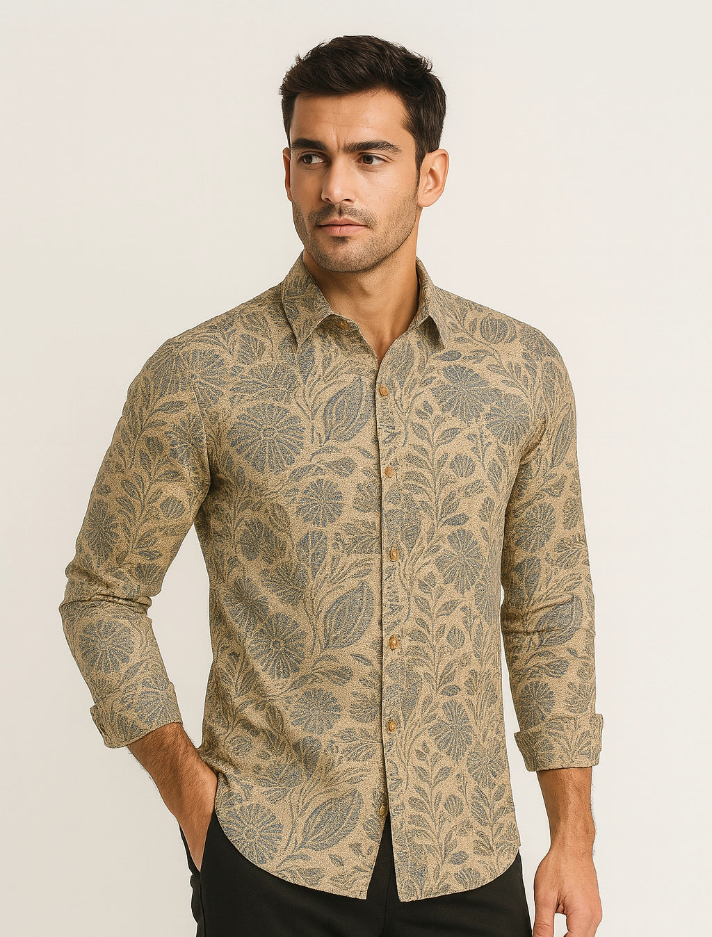 Man wearing a floral  patterned shirt