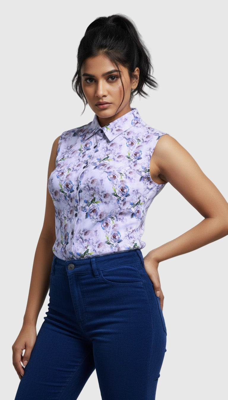 Woman wearing white and lavender Floral patterned sleeveless women shirt  