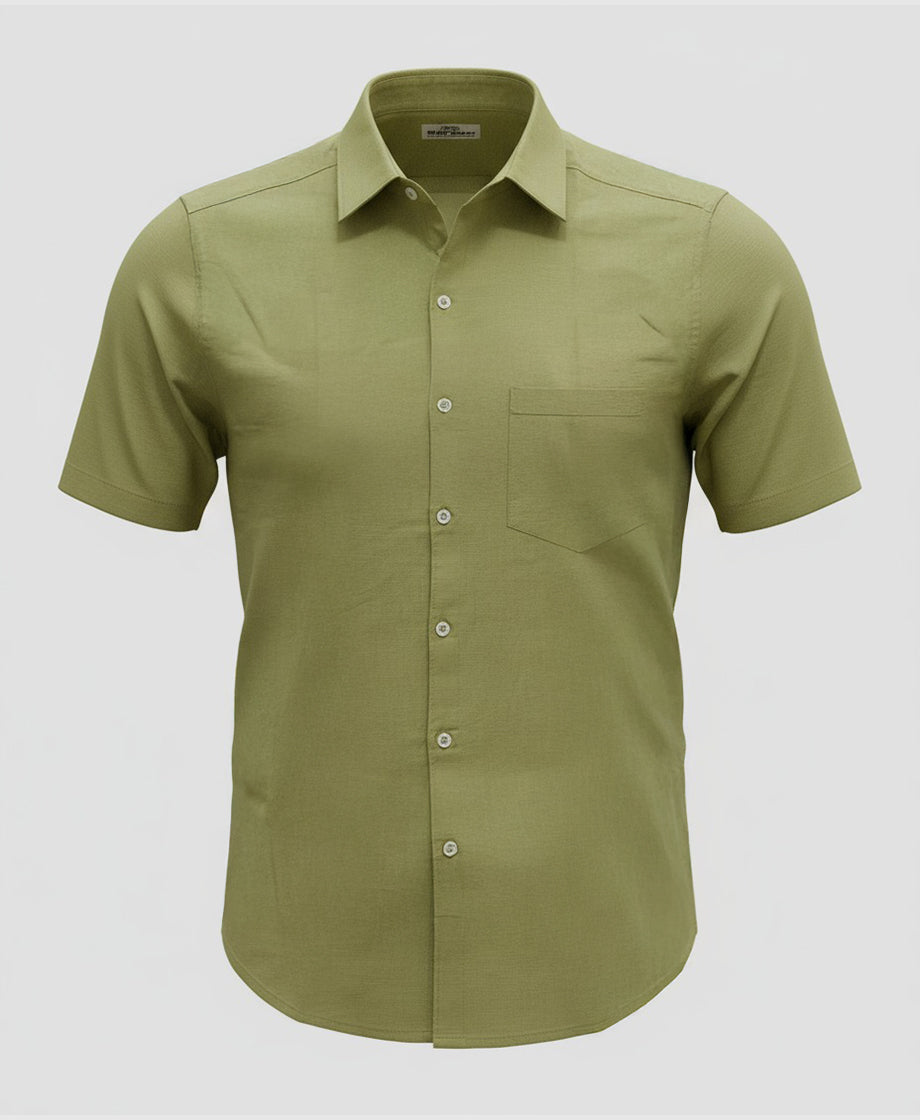 light green olive men short-sleeve shirt. Spread Collar.