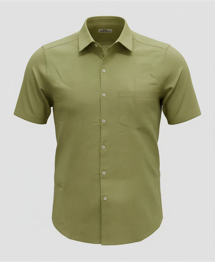 light green olive men short-sleeve shirt. Spread Collar.