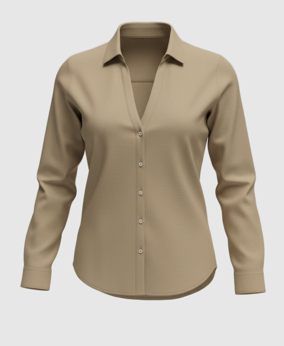 Light brown, beige, khaki shirt for women with full sleeve and deep v neck.