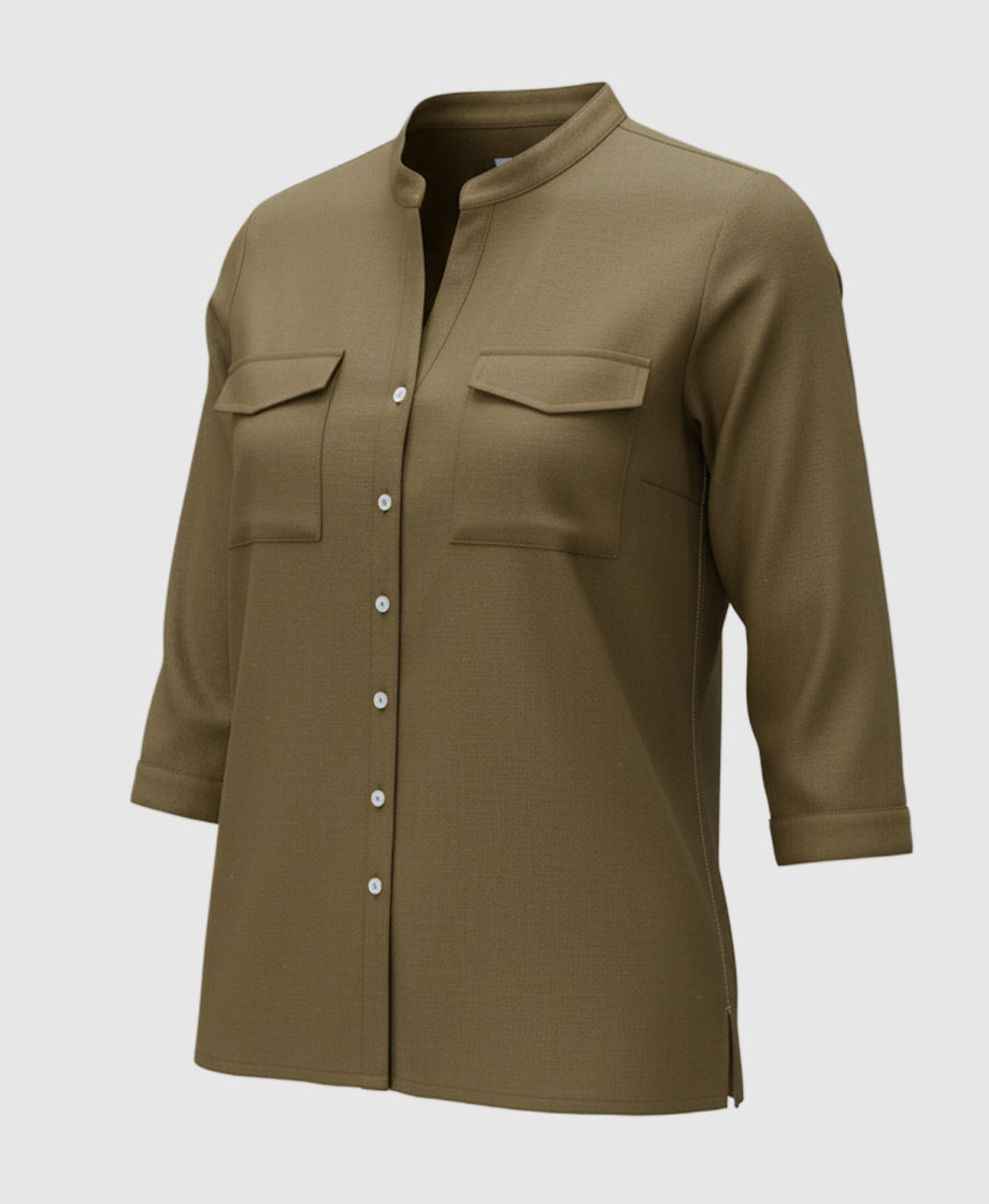Dark brown Khaki shirt form women with two pockets, three fourth sleeves and mandarin collar.