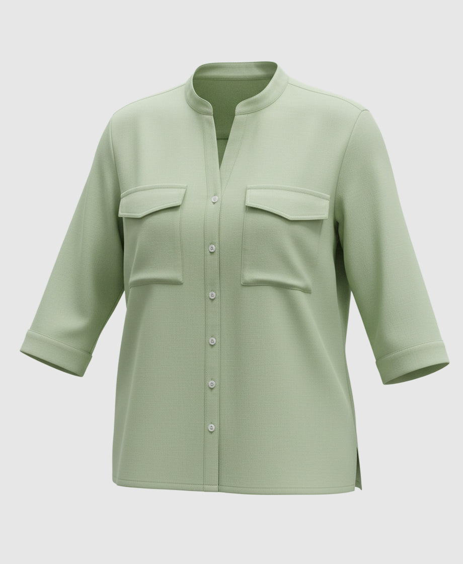 Pista Light green shirt form women with two pockets, three fourth sleeves and mandarin collar.