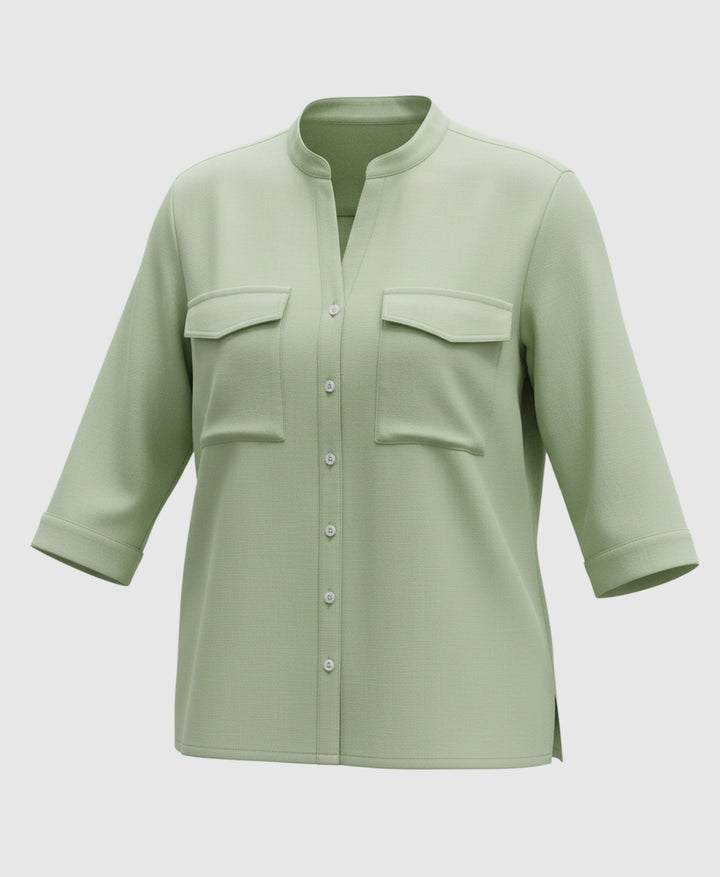 Pista Light green shirt form women with two pockets, three fourth sleeves and mandarin collar.