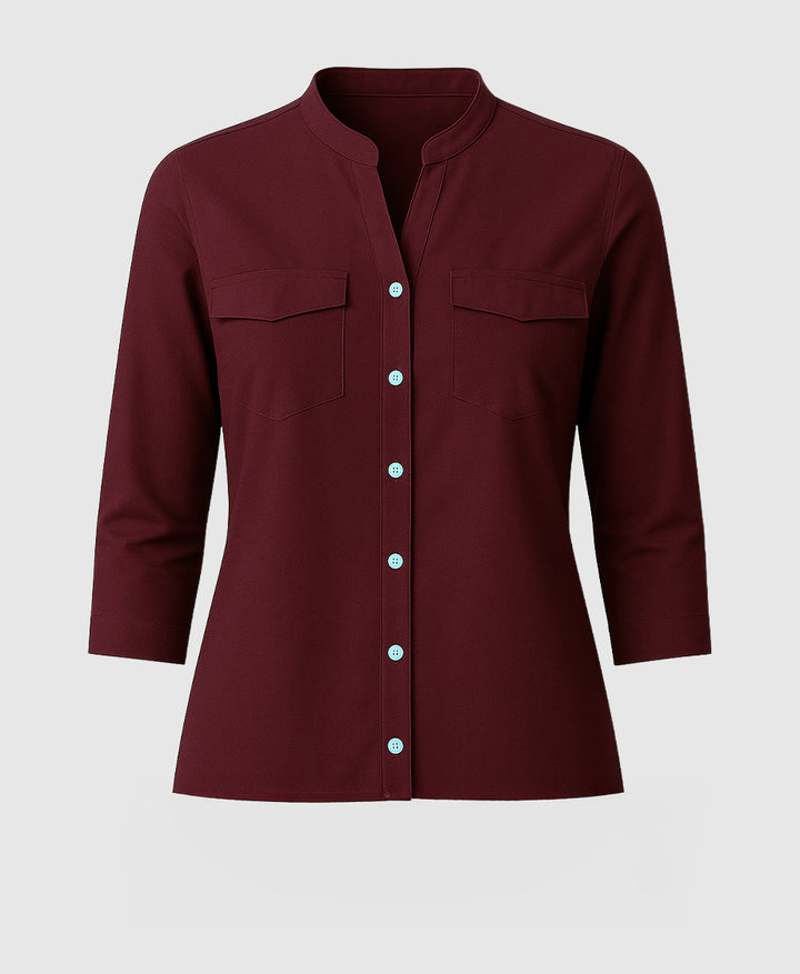 Burgundy Berry Maroon shirt for women, mandarin collar, three fourth sleeves. two pockets.