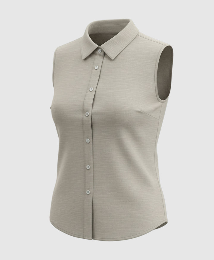Light beige sleeveless shirt for women. spread collar.