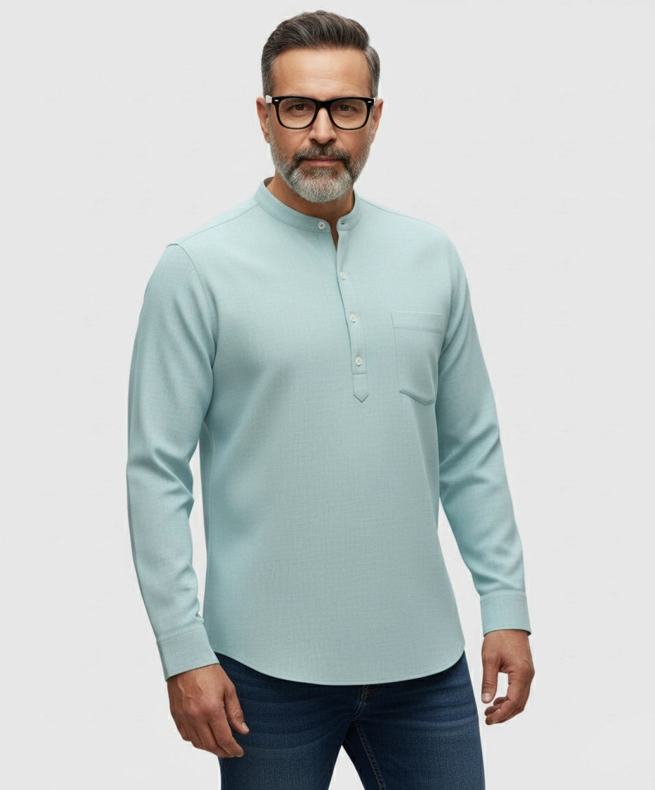 Man wearing Light blue long-sleeve shirt for men. Mandarin Collar.