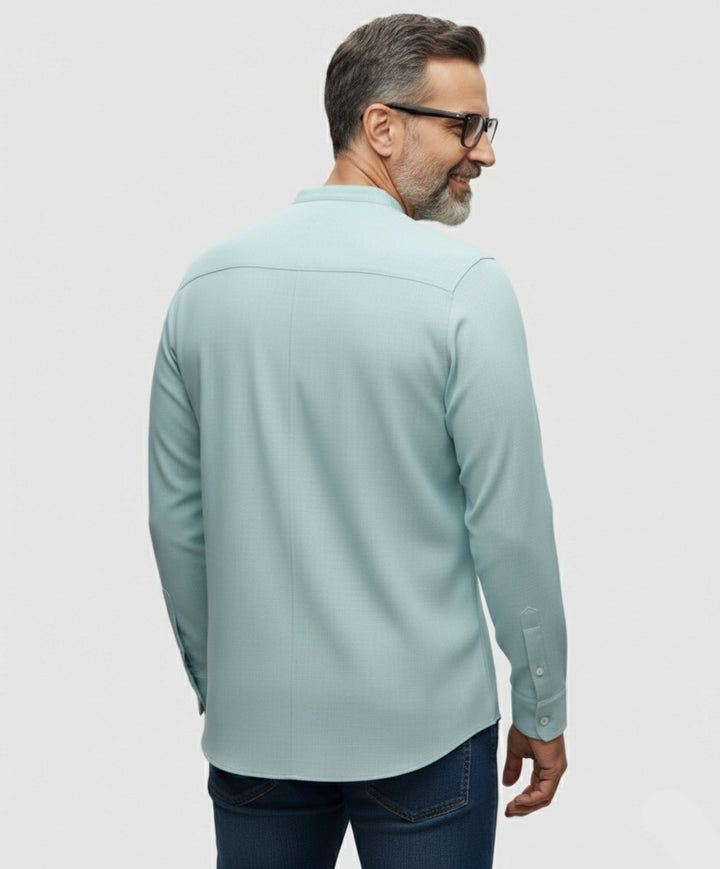 Man wearing Light blue long-sleeve shirt for men. Mandarin Collar.