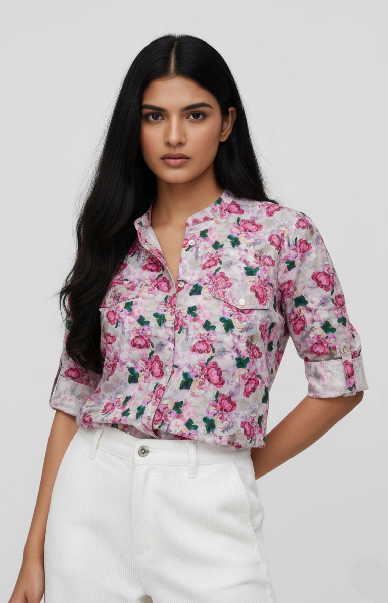 Woman wearing Floral patterned shirt for women, three fourth sleeve, mandarin collar