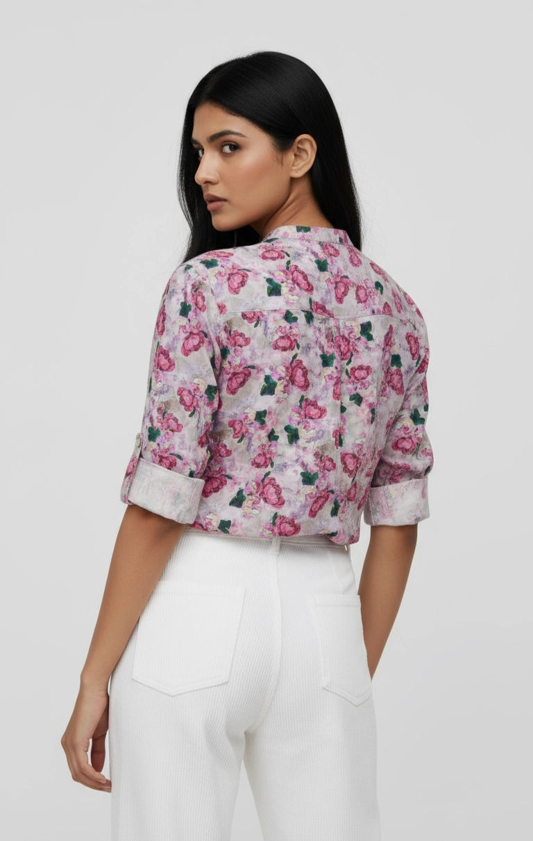 Woman wearing Floral patterned shirt for women, three fourth sleeve, mandarin collar
