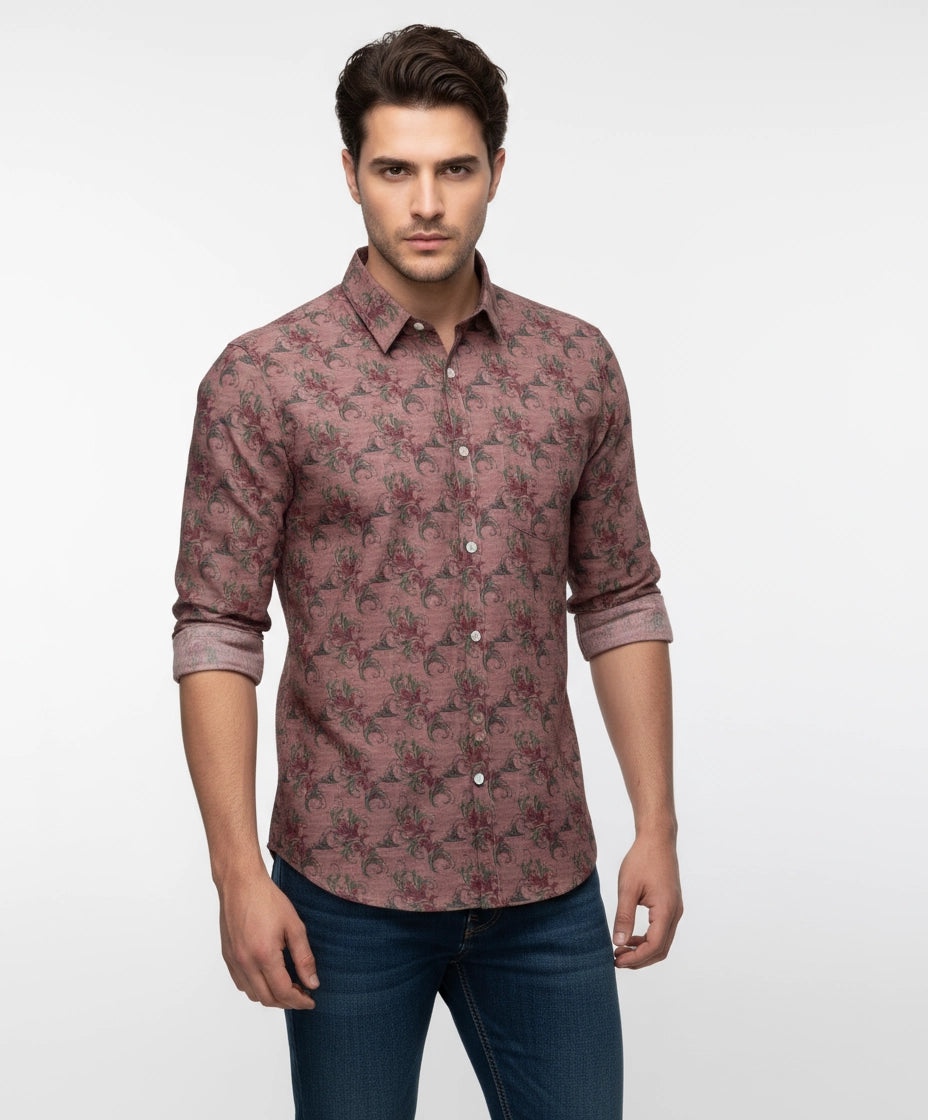 Man wearing a Reddish-brown rust color floral  patterned men shirt , full sleeves.
