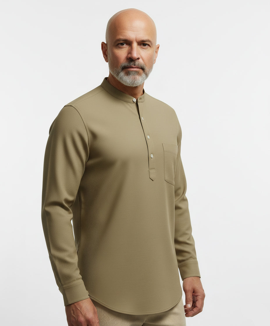 Man wearing beige, Khaki, light brown long-sleeve shirt for men. Mandarin Collar.