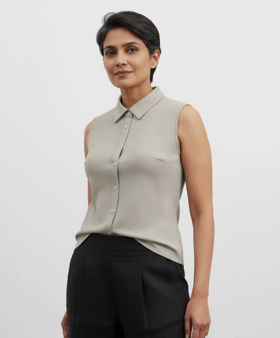 woman wearing Light beige sleeveless shirt for women. spread collar.