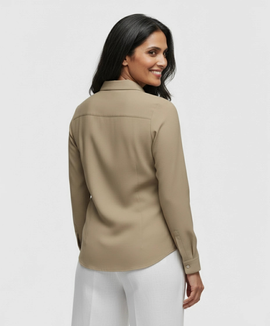 Women wearing ight brown, beige, khaki shirt for women with full sleeve and deep v neck.