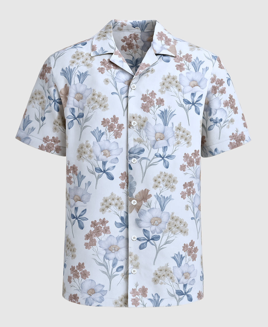 Floral patterned white shirt cuban collar