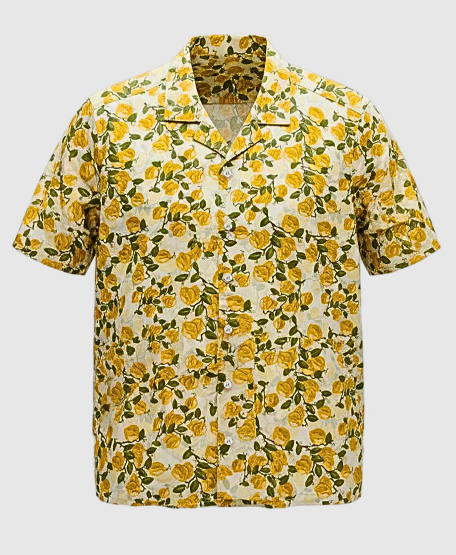 Short-sleeve shirt with yellow floral pattern on a white background