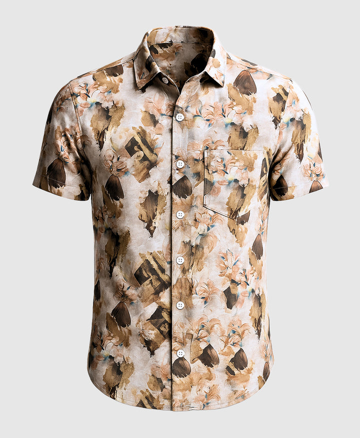 Short-sleeve shirt with brown abstract pattern 