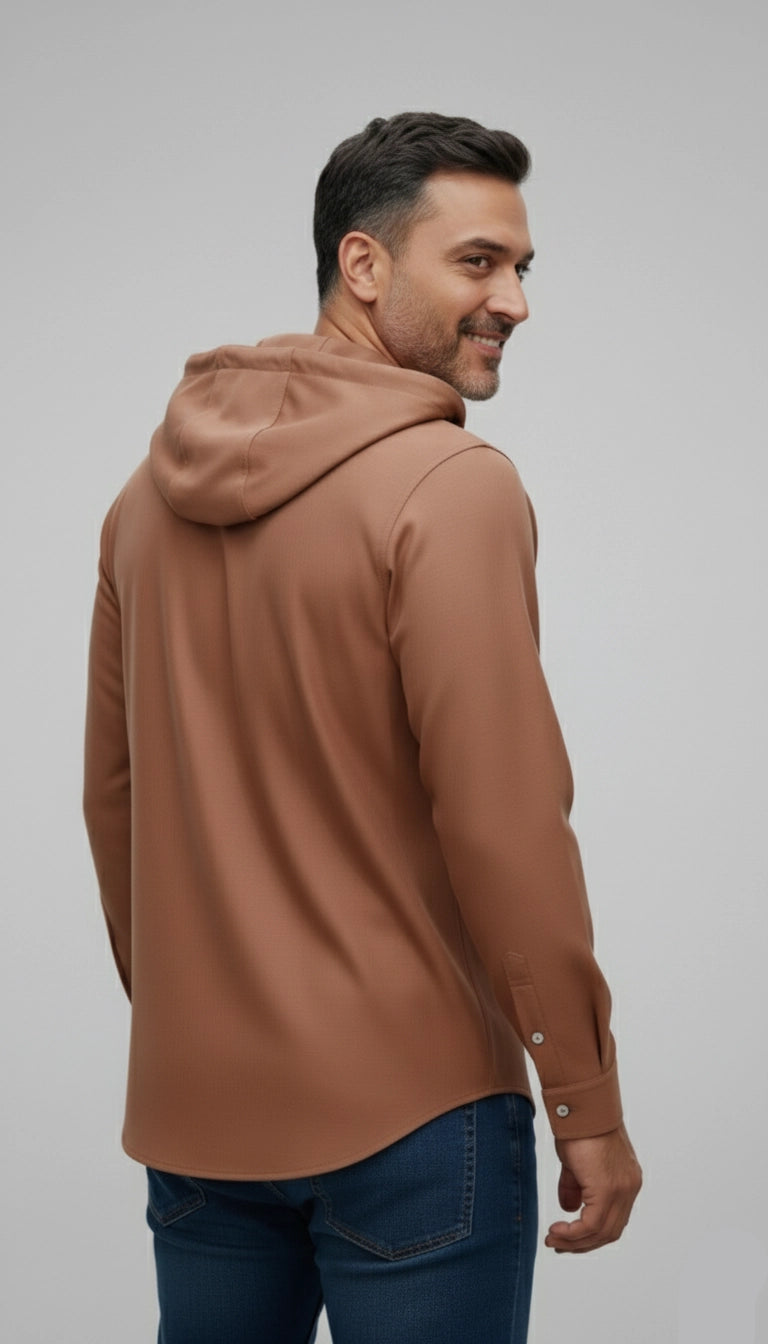 Maroon Man wearing Brown and rust red long-sleeve shirt with a hood for men