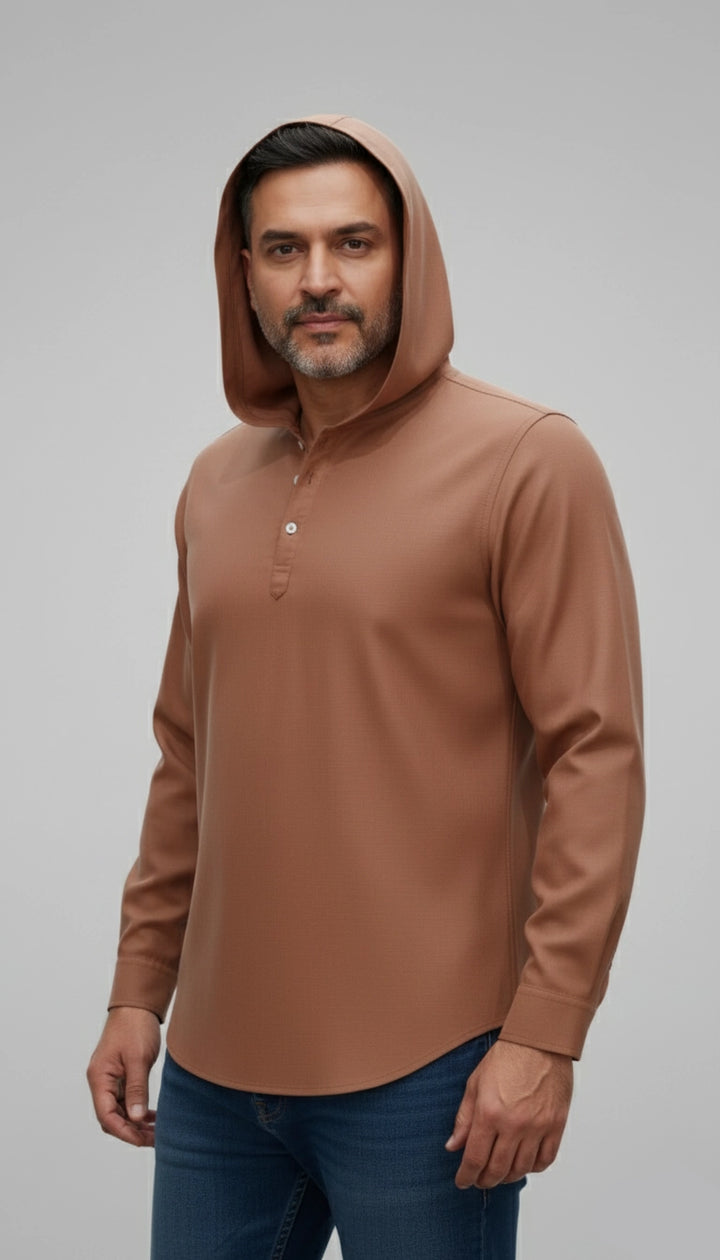 Maroon Man wearing Brown and rust red long-sleeve shirt with a hood for men