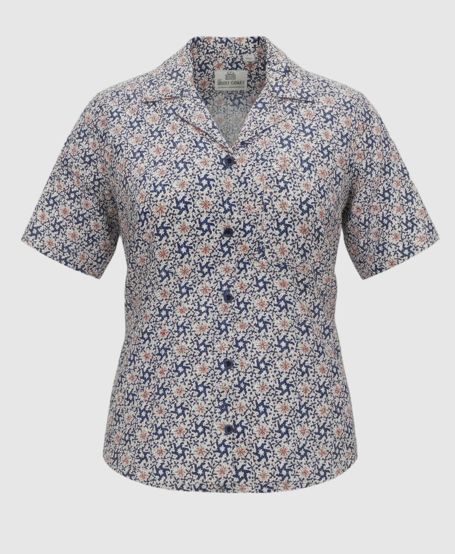 Short-sleeve blue floral patterned  women shirt  with cuban collar