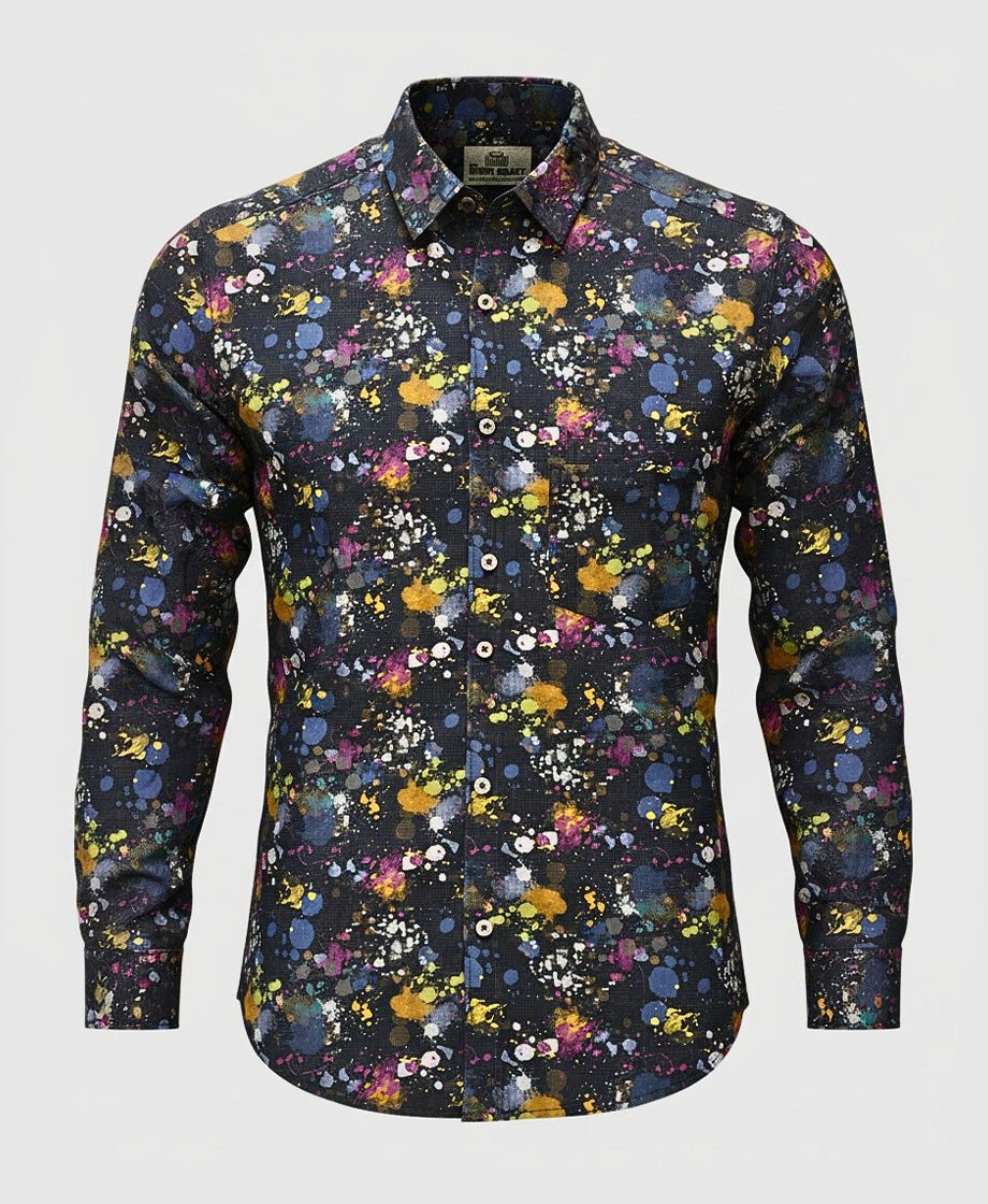 black full sleeve men shirt with splatter and abstract pattern.