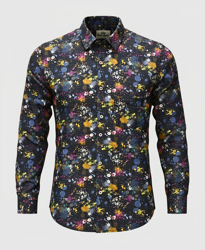 black full sleeve men shirt with splatter and abstract pattern.