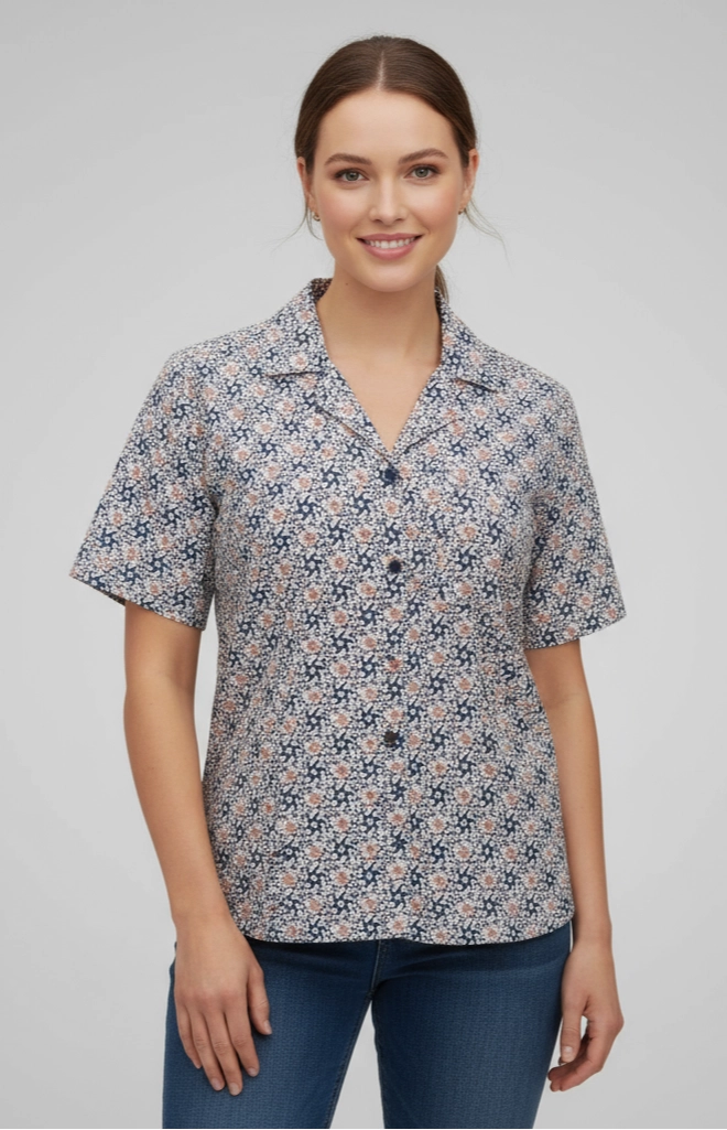 Woman wearing blue Short-sleeve floral patterned  women shirt  with cuban collar