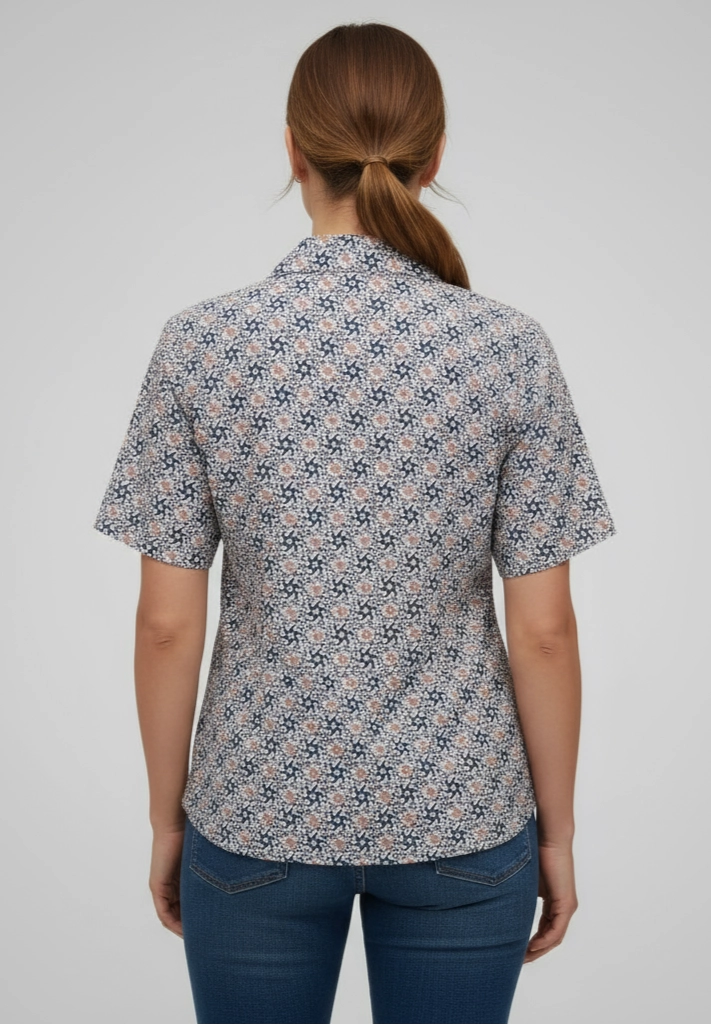 Short-sleeve blue floral patterned  women shirt  with cuban collar