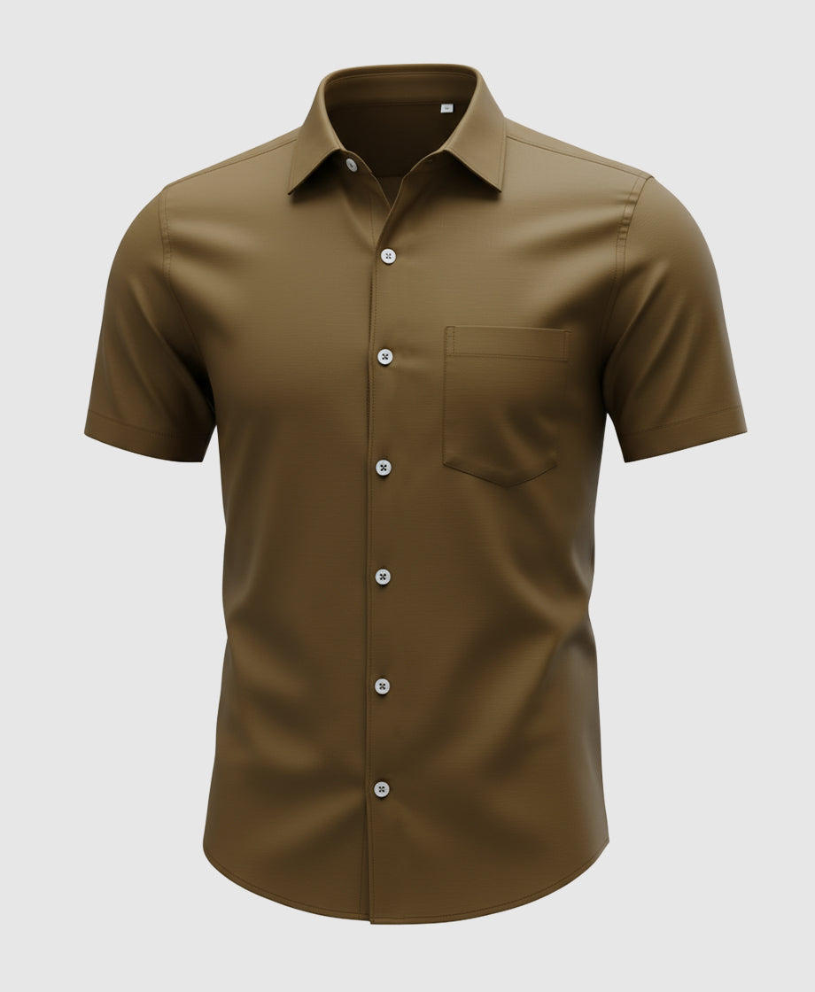 Brown Khaki short-sleeve shirt for men with a pocket and spread regular collar