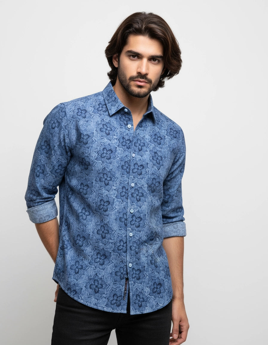 Man wearing blue full sleeve men shirt with floral patterns