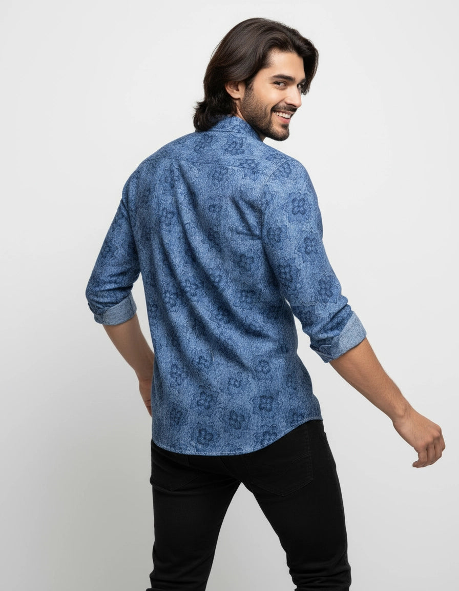 Man wearing blue full sleeve men shirt with floral patterns