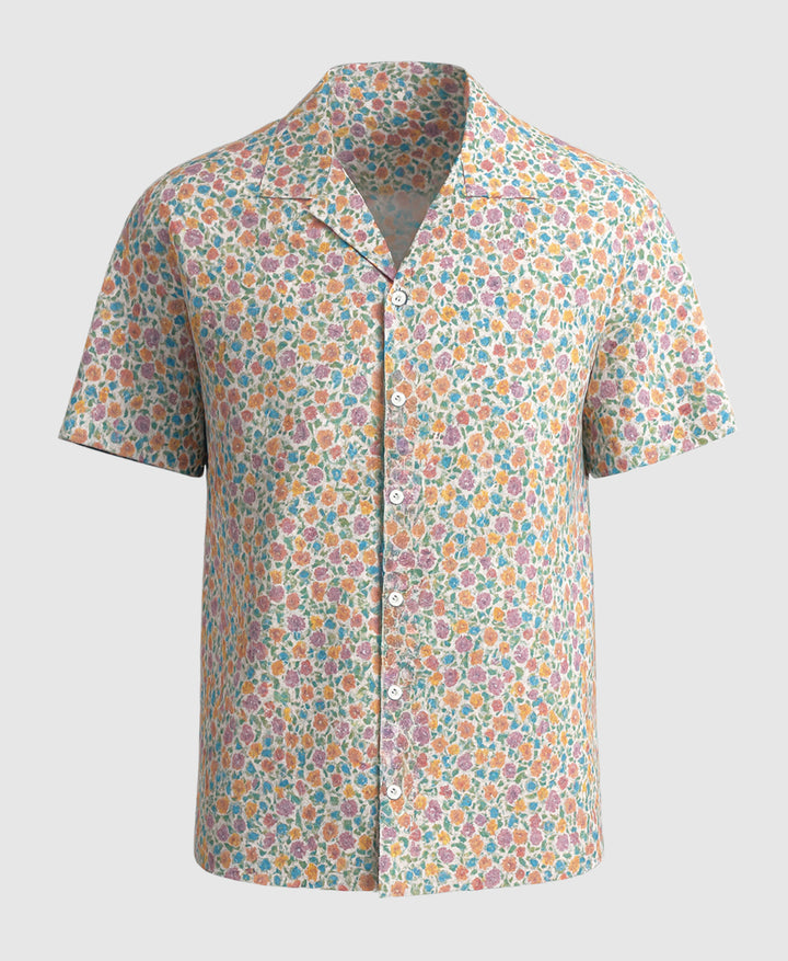 Short-sleeve floral shirt on a white background, cuban collar