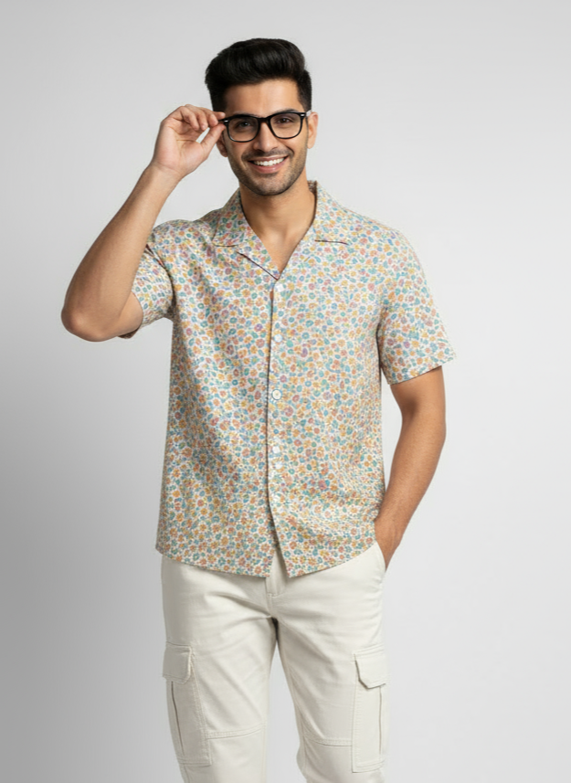 Man wearing a Short-sleeve floral shirt on a white background, cuban collar