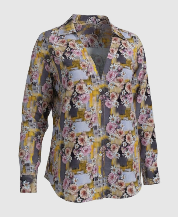 women shirt , brown and yellow floral patter, v neck, full sleeves.