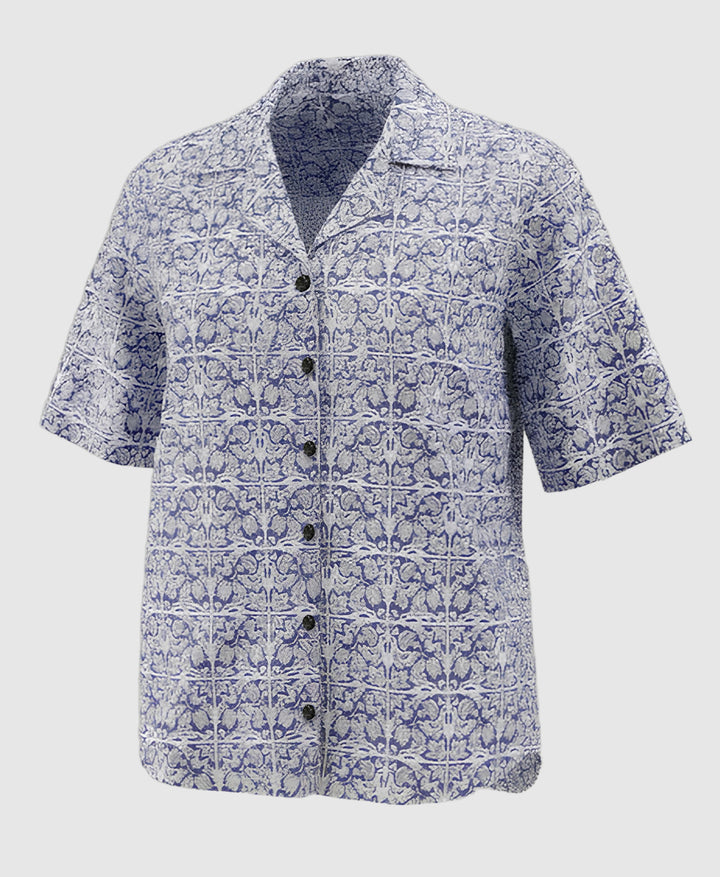 Short-sleeve women shirt with a blue floral and geometric pattern , cuban collar