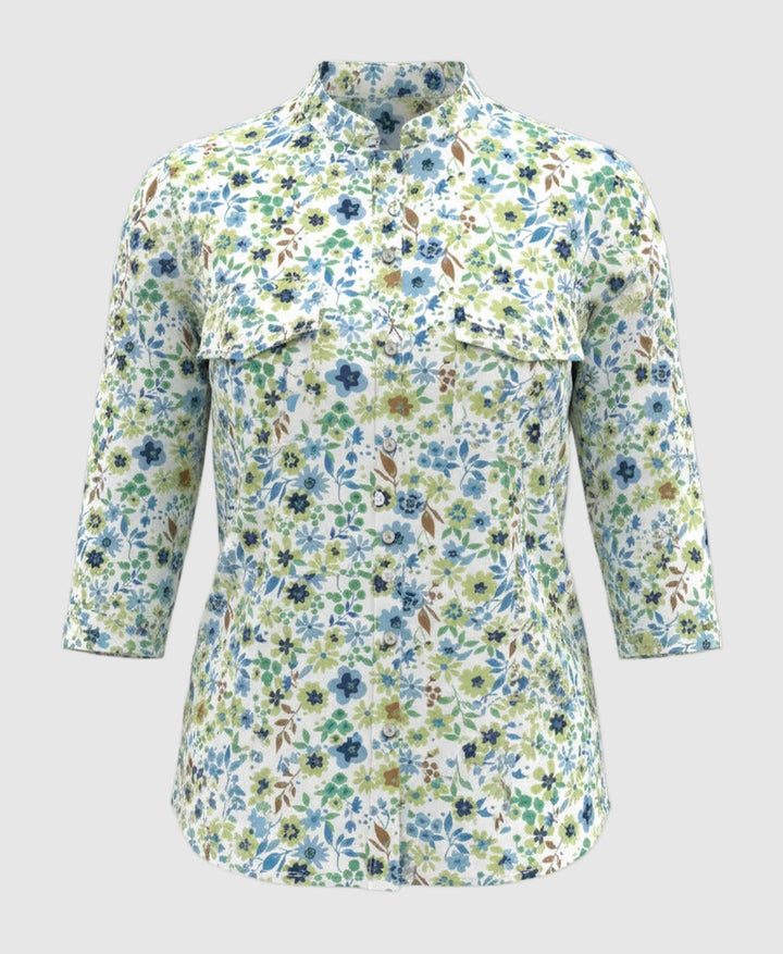 white blue and green floral women shirt, mandarin collar, three fourth sleeves