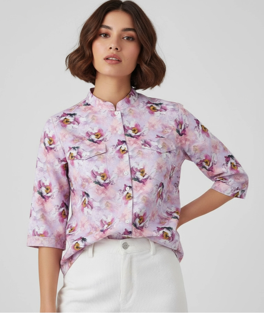 Women pink Floral patterned shirt , three fourth sleeve and mandarin collar.