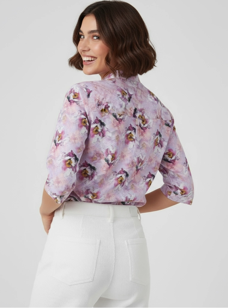 Women pink Floral patterned shirt , three fourth sleeve and mandarin collar.