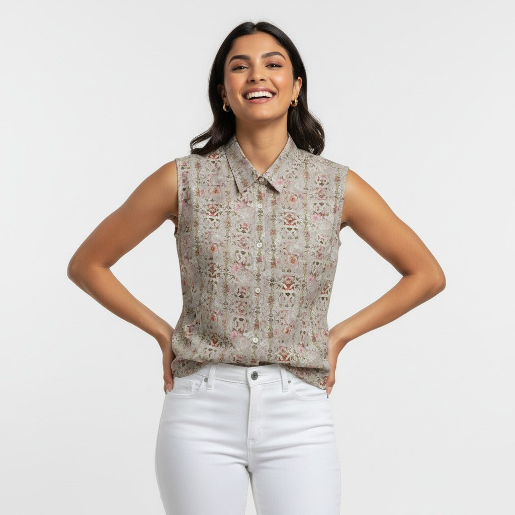 Woman wearing Floral pink and beige patterned sleeveless women shirt 