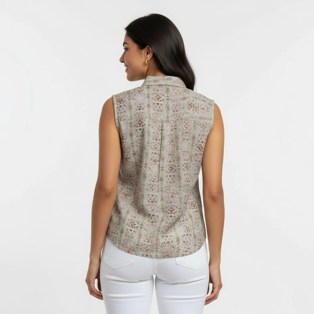 Woman wearing Floral pink and beige patterned sleeveless women shirt 
