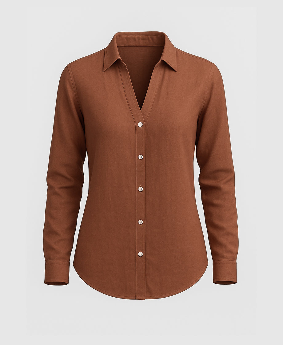 Rust brown, red, burgundy shirt for women with deep v neck and full sleeves. spread regular collar.