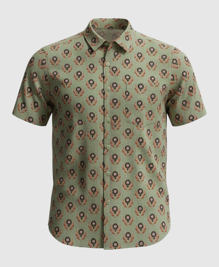 light Green olive pista color floral and geometric patterned men shirt. short sleeve, spread regular collar