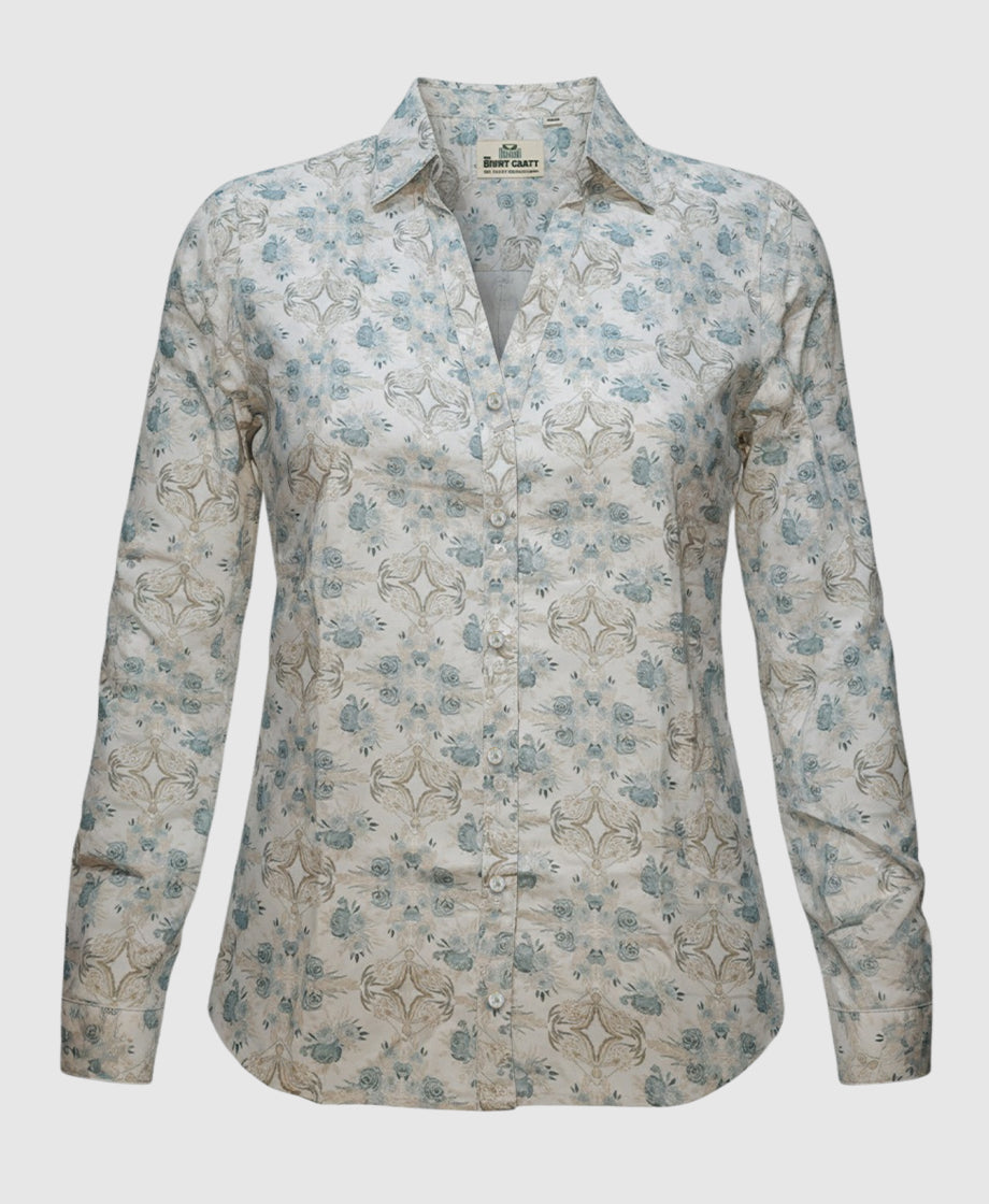 white and blue floral pattern women shirt , full sleeve, v neck.