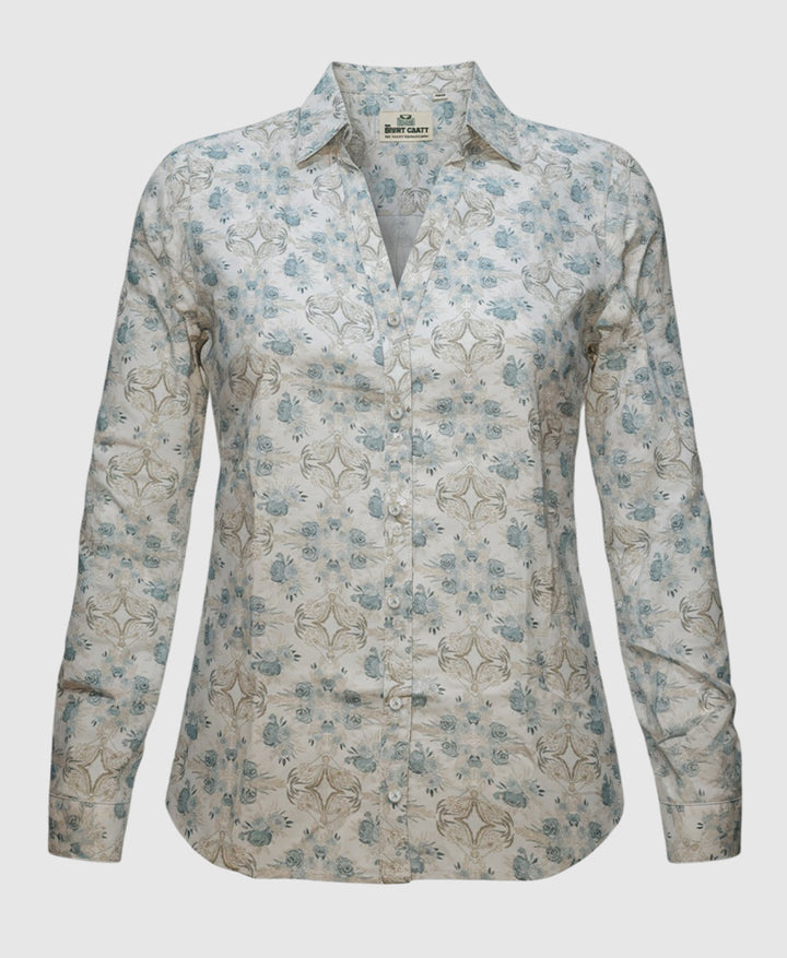 white and blue floral pattern women shirt , full sleeve, v neck.